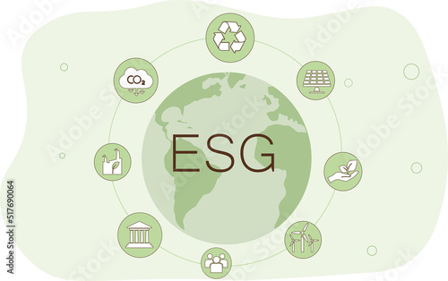 ESG icon concept in the hand for environmental, social, and governance in sustainable and ethical business on the Network connection on a green background