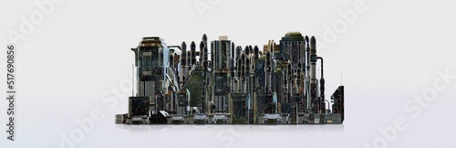 Future civilization, city, oasis, or settlement. 3d render, 3d illustration, isolated on neutral white with slight reflection. photo