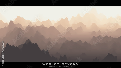 Abstract beige landscape with misty fog till horizon over mountain slopes. Gradient eroded terrain surface. Worlds beyond.