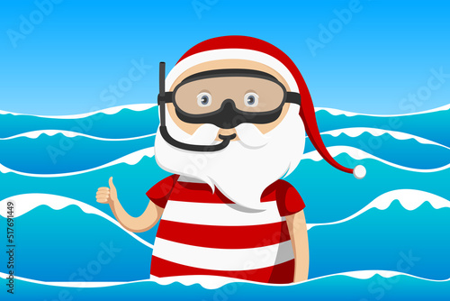 Santa in snorkeling mask. Vector illustration.