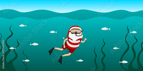 Santa Claus snorkeling with mask and flippers. Vector illustration.