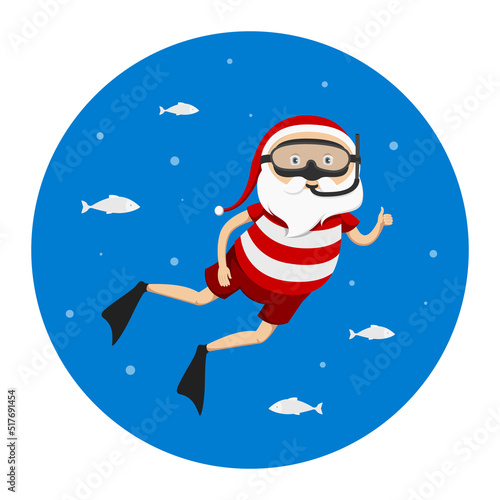 Santa Claus swimming with mask and flippers. Vector illustration.