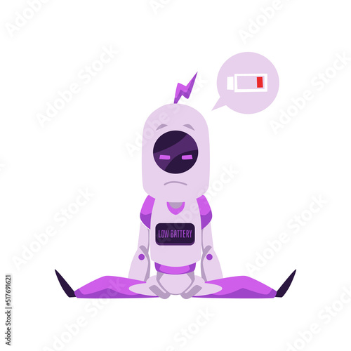 Sad purple mascot robot showing message low battery flat style