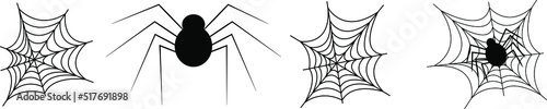  Vector set of cobwebs and spiders in black and white. Can be used as a tattoo sketch or decoration for postcards,
 websites, business cards, badges, icons or stickers.