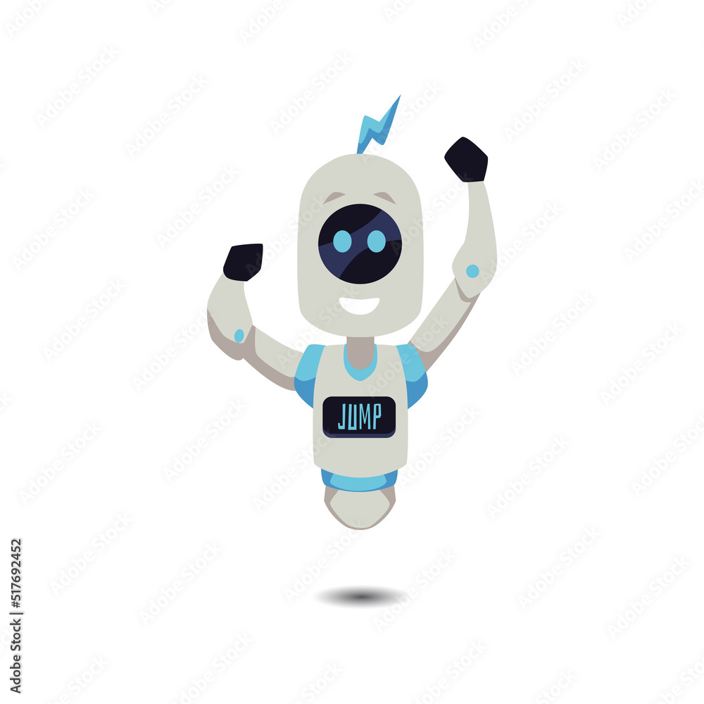 Cute jumping robot mascot, flat cartoon vector illustration isolated on white. Cute jumping robot mascot, flat cartoon vector illustration isolated on white.