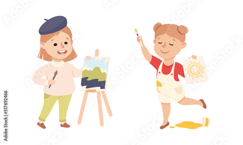 Cute girls artists painting on canvas and easel. Creative kids practicing their skills cartoon vector illustration