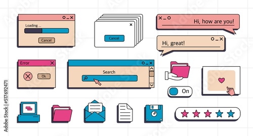 A set of user interface elements, UI and UX themes. In the vaporwave style of the 80-90s, retro collage. Vector illustration of windows and icons .