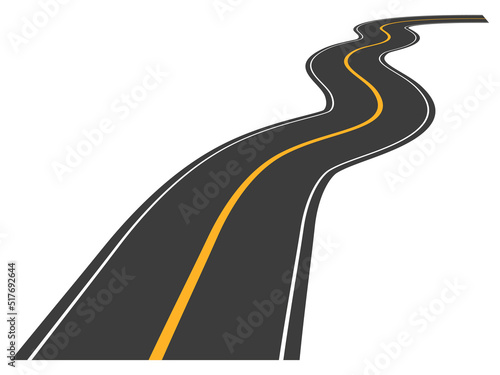 Curved straight asphalt road. Perspective highway traffic with vertical yellow lines. Roadway trip symbol. Vector isolated on white.