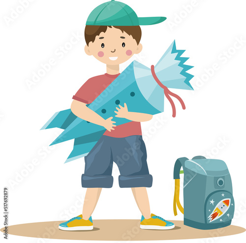 Little cute boy with school bag and school cone going to study.