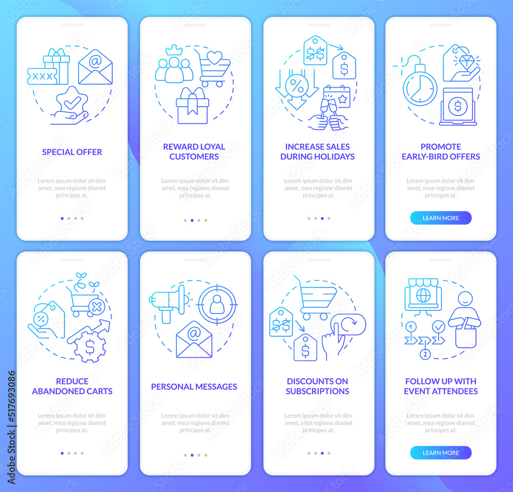 Discount strategy blue gradient onboarding mobile app screen set. Sales walkthrough 4 steps graphic instructions with linear concepts. UI, UX, GUI template. Myriad Pro-Bold, Regular fonts used