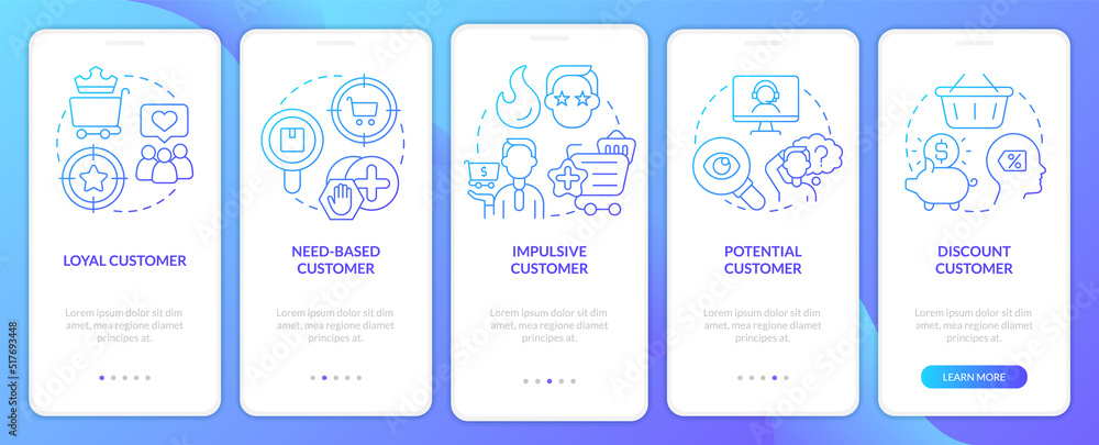 Types of customers blue gradient onboarding mobile app screen. Business clients walkthrough 5 steps graphic instructions with linear concepts. UI, UX, GUI template. Myriad Pro-Bold, Regular fonts used