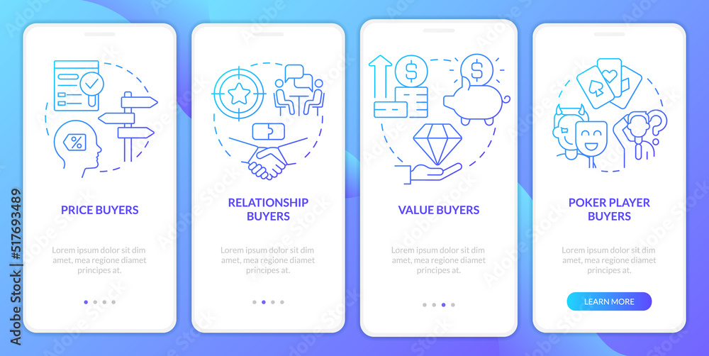 Dealing with customers blue gradient onboarding mobile app screen. Business walkthrough 4 steps graphic instructions with linear concepts. UI, UX, GUI template. Myriad Pro-Bold, Regular fonts used