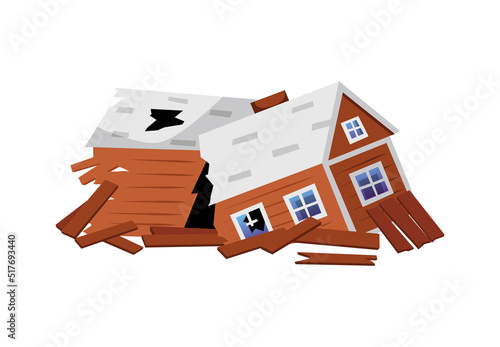 Destroyed wooden house flat style, vector illustration