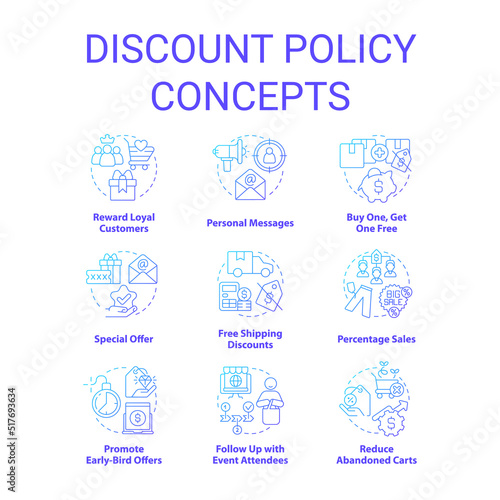 Discount policy blue gradient concept icons set. Sale offers. Customer benefits. Marketing strategy idea thin line color illustrations. Isolated symbols. Roboto-Medium, Myriad Pro-Bold fonts used © bsd studio