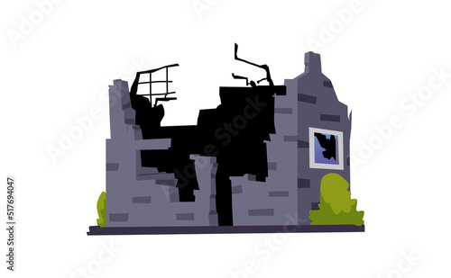 Destroyed concrete building in the city, flat vector illustration isolated on white background.