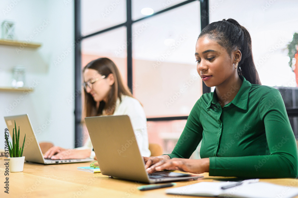 Two female colleagues using laptops sitting at the desk in modern open space office, smart and concentrated African-American woman typing on the foreground Two female colleagues using laptops sitting at the desk in modern open space office, smart and concentrated African-American woman typing on the foreground