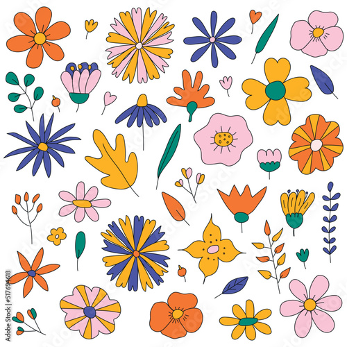 Set of hand-drawn hippie 70s style flowers. Colorful vector retro design