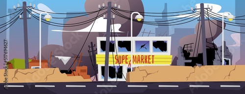 Ruined destroyed post-apocalyptic city background, flat vector illustration.