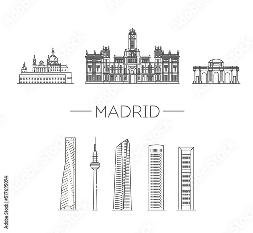Madrid skyline, Spain. Vector illustration, line art