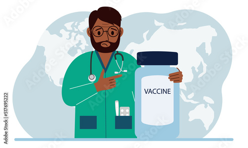 Pandemic, vaccination and health concept. Doctor with a bottle of vaccine.