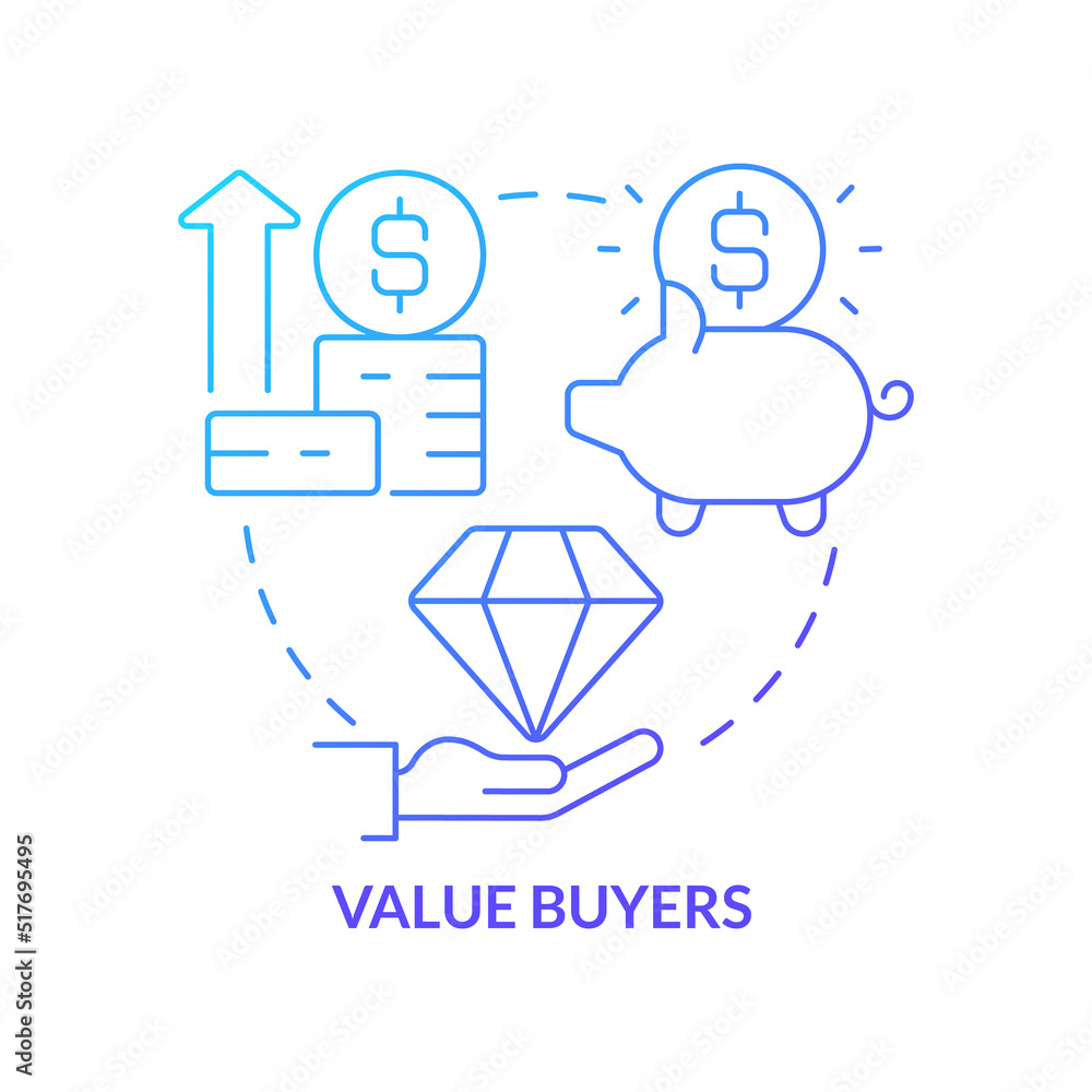 Value buyers blue gradient concept icon. Product quality priority. Marketing. Dealing with customers abstract idea thin line illustration. Isolated outline drawing. Myriad Pro-Bold font used Value buyers blue gradient concept icon. Product quality priority. Marketing. Dealing with customers abstract idea thin line illustration. Isolated outline drawing. Myriad Pro-Bold font used