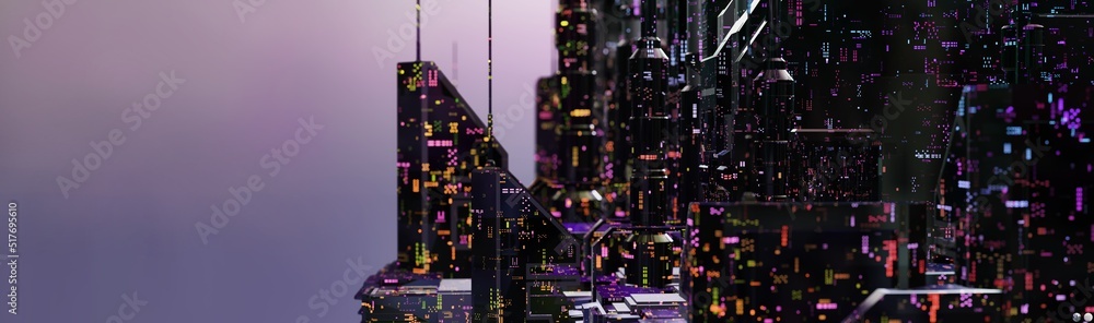 AI city. Future city, smart city or cyber cityscape concept.. Ultra modern or futuristic looking city or metropolis buildings, smooth and illuminated in various colors. 3D rendering. Shallow DOF. 