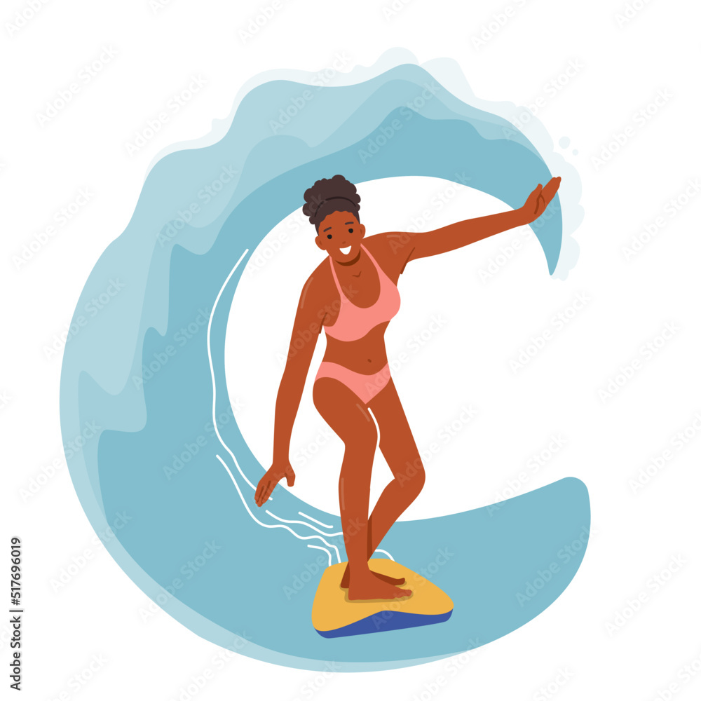 Young Woman Surfer Character in Bikini Stand on Surfboard with Hands Outspread Trying to Catch Balance on Big Sea Wave