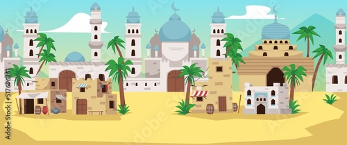 Arabian street panoramic cityscape flat style, vector illustration