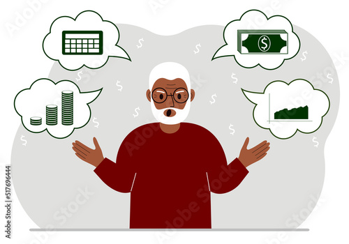 Screaming old man thinking about finances. In my thoughts money, calculator, charts. For posters, banners, websites.