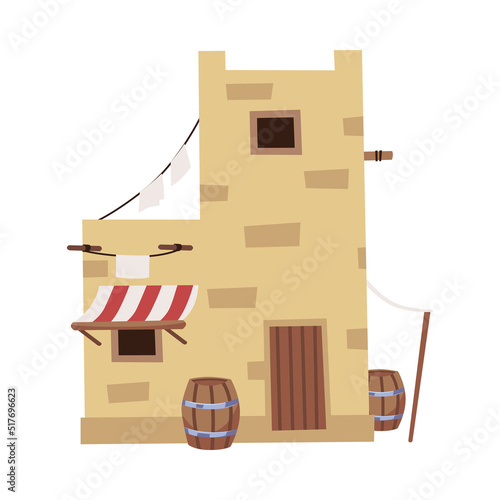Traditional arabic residential or market building, flat vector illustration isolated on white background.