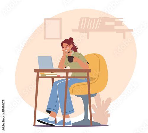 Relaxed Woman Freelancer Character Working on Laptop Sitting at Desk with Cup of Coffee in Hand. Freelance Occupation