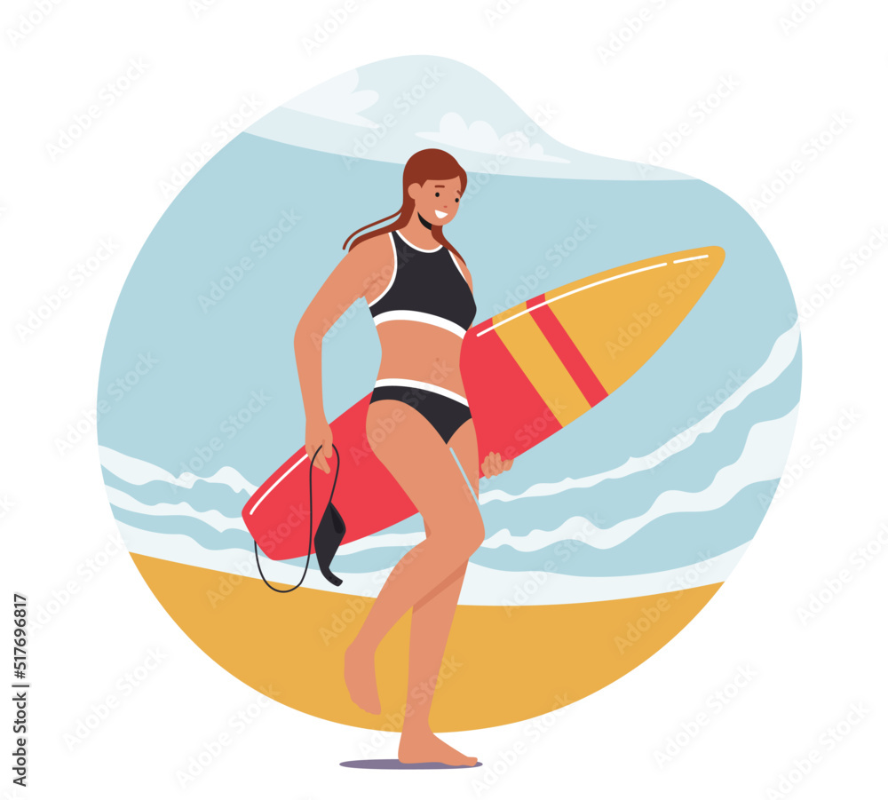 Young Woman Surfer Character in Swim Wear Walking with Board along Sea Beach with Big Waves. Surfing Extreme Fun