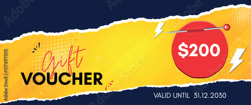 200 Dollar Gift voucher template design with ripped torn paper isolated on yellow background. Discount gift coupons, special offer vouchers, gift certificates, discount coupon, coupon template.