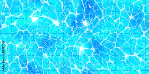Swimming pool top view seamless texture with sunlight glare reflect, caustic ripples and tiled floor. Clear blue water surface pattern. Bright vector summer time background.