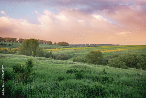 Colorful sunset over a grassy countryside with lush greenery.