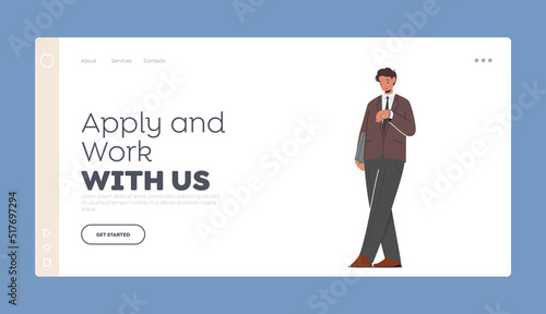Apply and Work with Us Landing Page Template. Male Character in Formal Suit Look at Wrist Watch, Young Business Man