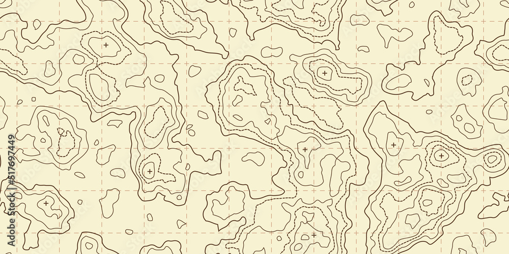Topography beige map seamless pattern with grid and mountains. Abstract topographic curves. Repeat geometric background. Outline topology land or underwater relief texture. Vector illustration. Topography beige map seamless pattern with grid and mountains. Abstract topographic curves. Repeat geometric background. Outline topology land or underwater relief texture. Vector illustration.