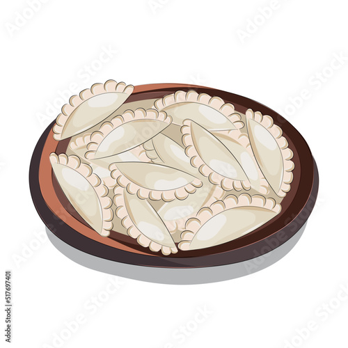Dish of national Ukrainian cuisine, Vareniks in a clay plate, boiled dough, flat vector, isolate on white