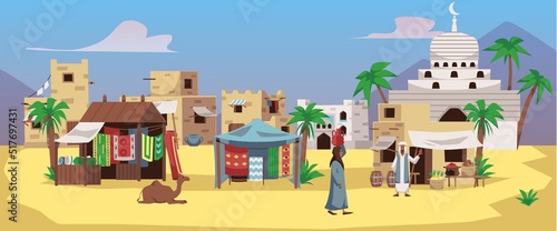 Arabian cityscape with stalls and tents in the market, flat vector illustration.