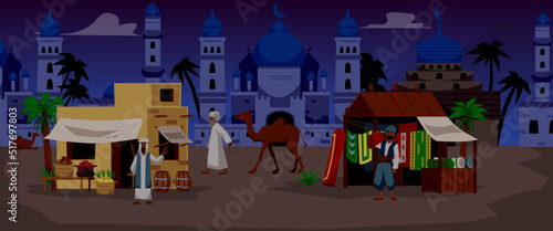 Middle Eastern or Arabian city night scene with people, flat vector illustration.