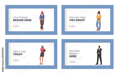 Business People Landing Page Template Set. Confident Male and Female Wear Formal Clothes Hiring at Work, Applicants