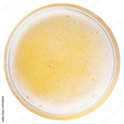 beer bubbles in Glass of light beer top view isolated on white, macro