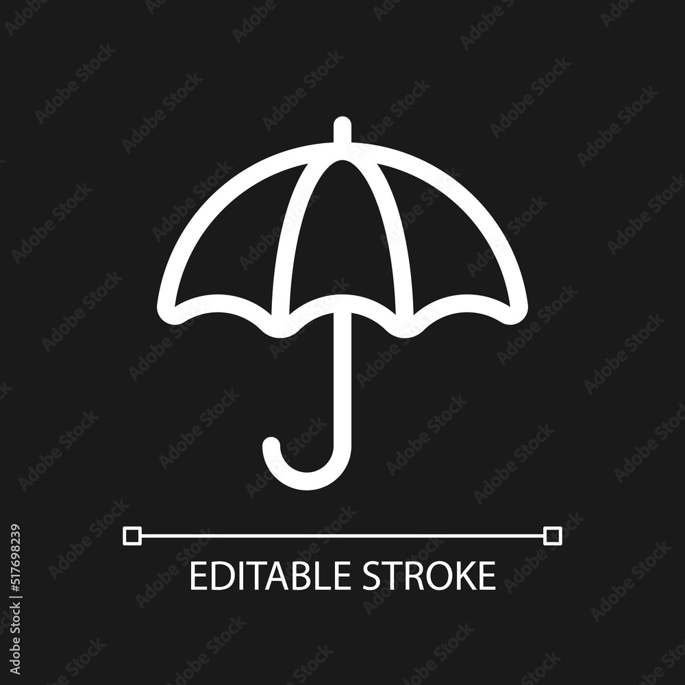 Umbrella pixel perfect white linear ui icon for dark theme. Investment protection. Vector line pictogram. Isolated user interface symbol for night mode. Editable stroke. Arial font used Umbrella pixel perfect white linear ui icon for dark theme. Investment protection. Vector line pictogram. Isolated user interface symbol for night mode. Editable stroke. Arial font used