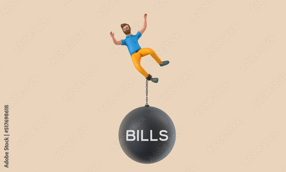 Business character chained to a large falling bills ball. 3D Rendering