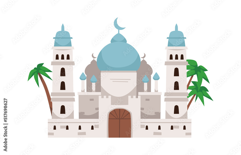 Arabian Mosque building with elegant dome and palm trees, flat vector illustration isolated on white background.