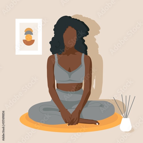 Woman doing Yoga in his Room or apartment. Faceless woman sitting in Lotus position. Conceptual illustration for Yoga, meditation, relaxation, rest, healthy lifestyle. Flat vector illustration.