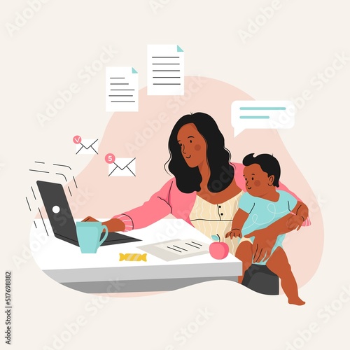 African American Mother with child working on the laptop from home. Female Freelance Worker with child at workplace. Online job, motherhood concept. Flat vector illustration.	