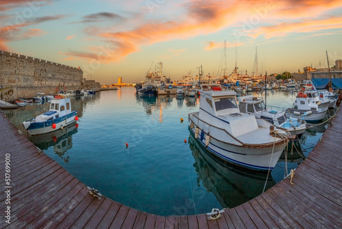 Yachts and boats in picturesque port Mandraki marina, Rhodes, Greece