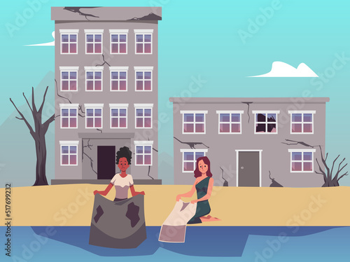 Sad women washing clothes in pond, destroyed city landscape, flat vector illustration.