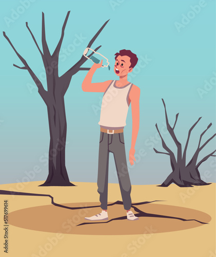 Thirsty and sick man drinking last drop of water, flat vector illustration.